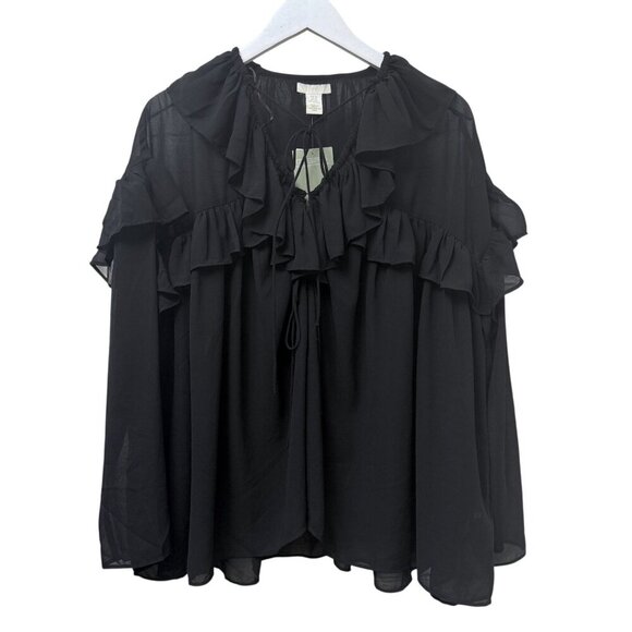 H&M Ruffle Blouse Black XS Oversized Chiffon Peasant Poet Flowy Top NWT - Picture 8 of 9